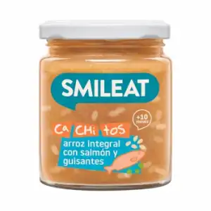 Tarrito con cachitos de arroz con salmón y guisantes desde 10 meses ecológico Smileat sin gluten 230 g.