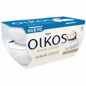 Yogur griego sabor coco Danone Oikos sin gluten pack de 4 unidades de 110 g.