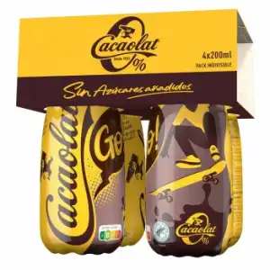 Batido de cacao sin azúcar añadido Cacaolat sin gluten pack de 4 botellas de 200 ml.