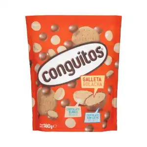 Bolitas de galleta Conguitos recubiertas de chocolate con leche y chocolate blanco Paquete 0.18 kg