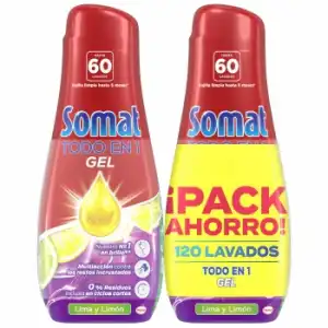 Gel para lavavajillas lima y limón Todo en 1 Somat pack de 2 unidades de 60 lavados.