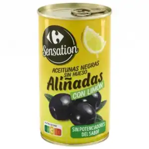 Aceitunas negras sin hueso aliñadas con limón Sensation Carrefour sin gluten 150 g.