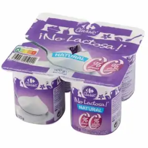 Leche fermentada desnatada natural sin azúcar añadido Carrefour Classic sin lactosa pack de 4 unidades de 125 g.