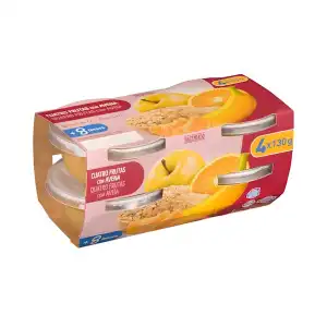 Papilla cuatro frutas con avena +8 meses Hacendado 4 tarritos X 0.13 kg