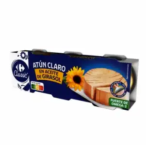 Atún claro en aceite de girasol Carrefour Classic pack de 3 latas de 52 g.