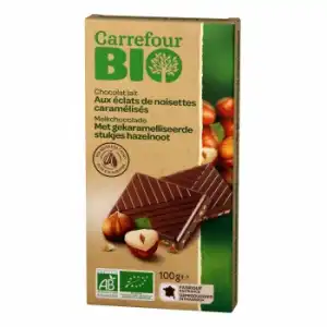 Chocolate con leche con avellanas caramelizadas ecológico Carrefour Bio 100 g.