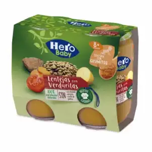 Tarrito de lentejas con verduras desde 8 meses recetas caseras Hero Baby sin aceite de palma pack de 2 unidades de 190 g.
