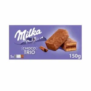 Bizcochos rellenos de cacao y cubiertos de chocolate Choco Trio Milka 150 g.