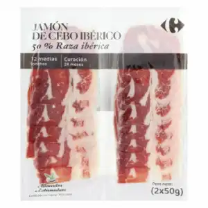 Jamón de cebo ibérico 50% Raza Ibérica en medias lonchas Carrefour 100 g