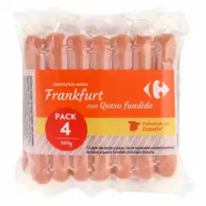 Salchichas con queso fundido estilo frankfurt Carrefour pack de 4 sobres de 140 g.