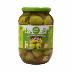 Aceitunas gordal aliñada sin hueso Classic Carrefour sin gluten 400 g.