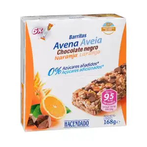 Barritas de cereales Hacendado con avena, chocolate negro y naranja Caja 0.168 kg