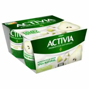 Bífidus con trozos de pera Danone Activia sin gluten pack de 4 unidades de 120 g.