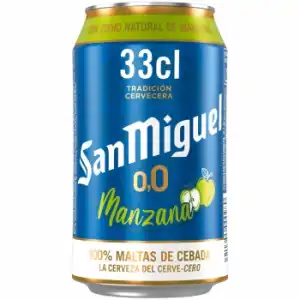 Cerveza San Miguel 0,0 sin alcohol con zumo de manzana lata 33 cl.