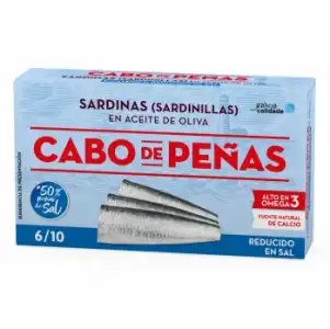 Sardinillas en aceite de oliva contenido reducido de sal Cabo de Peñas 60 g.