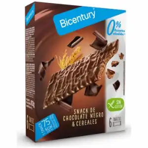 Barritas de cereales con chocolate negro sin azúcar añadido Bicentury Sarialís sin gluten pack de 6 unidades de 14,5 g.