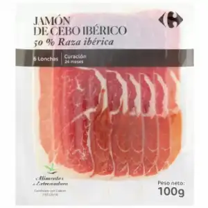 Jamón de cebo ibérico 50% raza ibérica en lonchas Carrefour 100 g