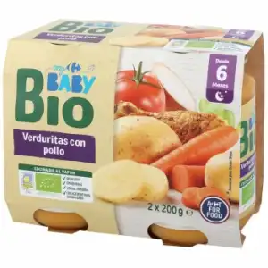 Tarrito de verduritas con pollo desde 6 meses ecológico Carrefour Baby Bio pack de 2 unidades de 200 g