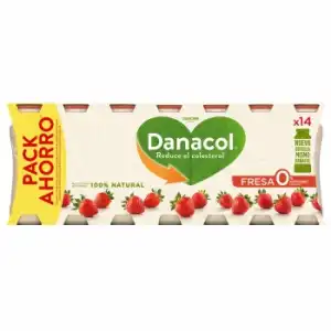 Leche fermentada líquida de fresa sin azúcar añadido Danone Danacol pack de 14 unidades de 100 g.