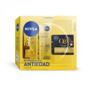 Pack Rutina Facial Q10 Nivea: Serum antiarrugas 30 ml, Fluido UV Diario SPF50 30 ml y Crema de noche regeneradora 50 ml.