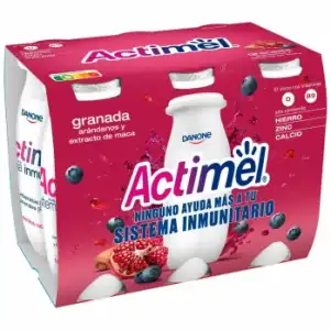 L.Casei líquido con granada, arándanos y extracto de maca Danone - Actimel sin gluten pack de 6 unidades de 100 g.