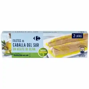 Filetes de caballa del sur en aceite de oliva bajo en sal Carrefour pack de 2 latas de 65 g.