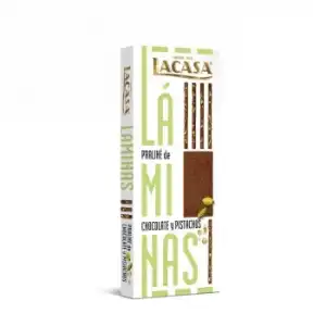 Láminas de praliné de chocolate con pistachos Lacasa sin gluten 128 g.