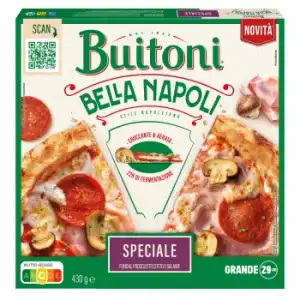 Pizza con champiñones, jamón cocido y salami Bella Napoli Buitoni 430 g.