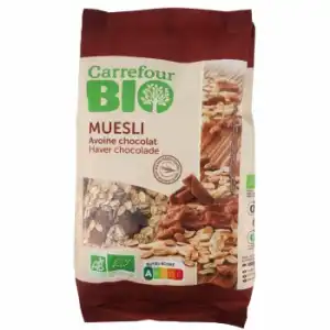 Muesli de avena de chocolate ecológico Carrefour Bio 375 g.