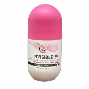 Desodorante roll-on invisible 48h anti-manchas 0% alcohol Carrefour Soft 50 ml.