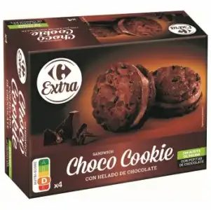 Sandwich choco cookie con helado de chocolate Extra Carrefour sin aceite de palma 4 ud.