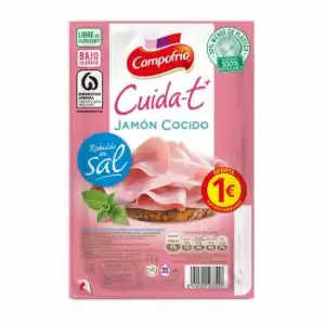 Jamón cocido bajo en grasa reducido en sal en lonchas Campofrío - Cuida-t+ sin gluten sin lactosa 65 g.