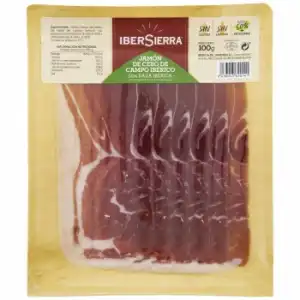 Jamón de Cebo de Campo Ibérico 50% Raza Ibérica en lonchas Ibersierra sin gluten y sin lactosa 100 g