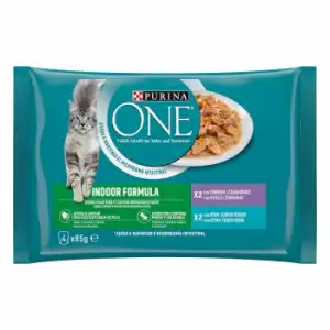 Comida húmeda de ternera y atún para gato Purina One Indoor 4x85 g.