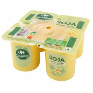 Postre de soja sabor vainilla Carrefour Sensation sin gluten pack de 4 unidades de 100 g.