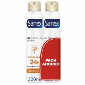 Desodorante en spray dermo sensitive 24h piel sensible pH Balance Sanex pack de 2 unidades de 200 ml.