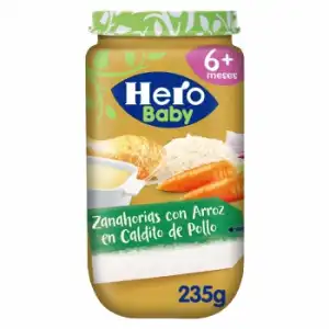 Tarrito de zanahorias con arroz en caldito de pollo desde 6 meses Hero Baby sin gluten sin aceite de palma 235 g.