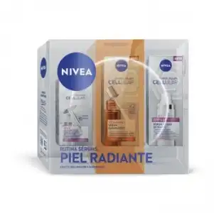 Pack Piel Radiante Cellular Nivea: Serum fluido SPF50+ 30 ml, Serum iluminador vitamina C 15ml y Serum rellenador 15 ml.