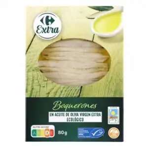 Boquerones en aceite de virgen extra ecológico procedente de pesca sostenible Carrefour sin gluten 80 g.