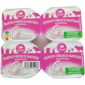 Queso fresco batido desnatado Classic ́ Carrefour pack de 4 unidades de 100 g.