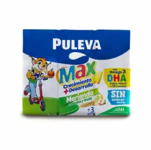 Preparado lácteo infantil cereales y fruta desde 3 años Puleva Max sin gluten pack de 3 unidades de 200 ml.