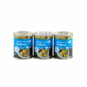 Aceitunas verdes rellenas de anchoa reducido en sal Carrefour pack de 3 latas de 50 g