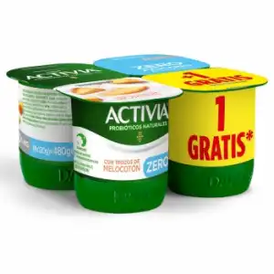 Bífidus desnatado con trozos de melocotón sin azúcar añadido Danone Activia pack de 4 unidades de 120 g.