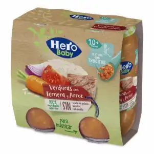 Tarrito de verduras con ternera y arroz desde 10 meses Hero Baby sin gluten sin aceite de palma pack de 2 unidades de 235 g.