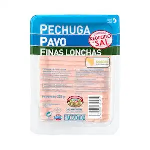 Pechuga de pavo bajo en sal Hacendado finas lonchas Paquete 0.225 kg