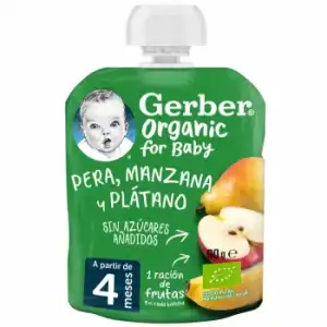 Bolsita de pera, manzana y plátano desde 4 meses ecológica Gerber 90 g.