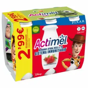 Leche fermentada líquida semidesnatada con fresa Danone Actimel Kids sin gluten pack de 6 unidades de 100 g.