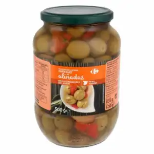 Aceitunas verdes manzanilla partidas y aliñadas Carrefour 500 g.