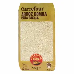 Arroz bomba para paella categoría extra Carrefour 1 kg.