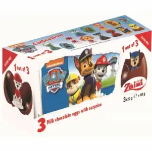 Huevo de chocolate con sorpresa Patrulla Canina sin gluten pack de 3 unidades de 20 g.